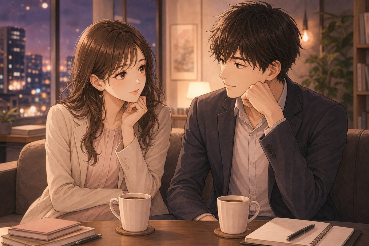 夜のオフィスラウンジで親友同僚の距離感が恋に変わる雰囲気を描いた装飾イラスト。