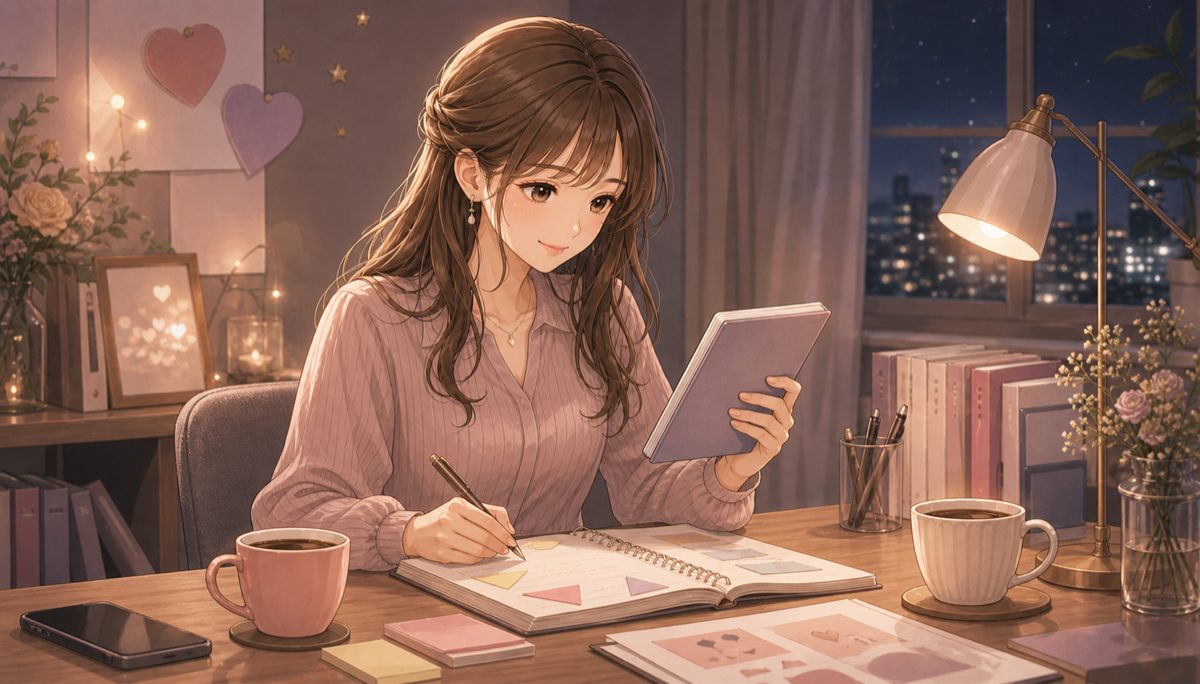 大人の恋愛漫画レビューの注目ポイントをノートに整理する女性の装飾イラスト。