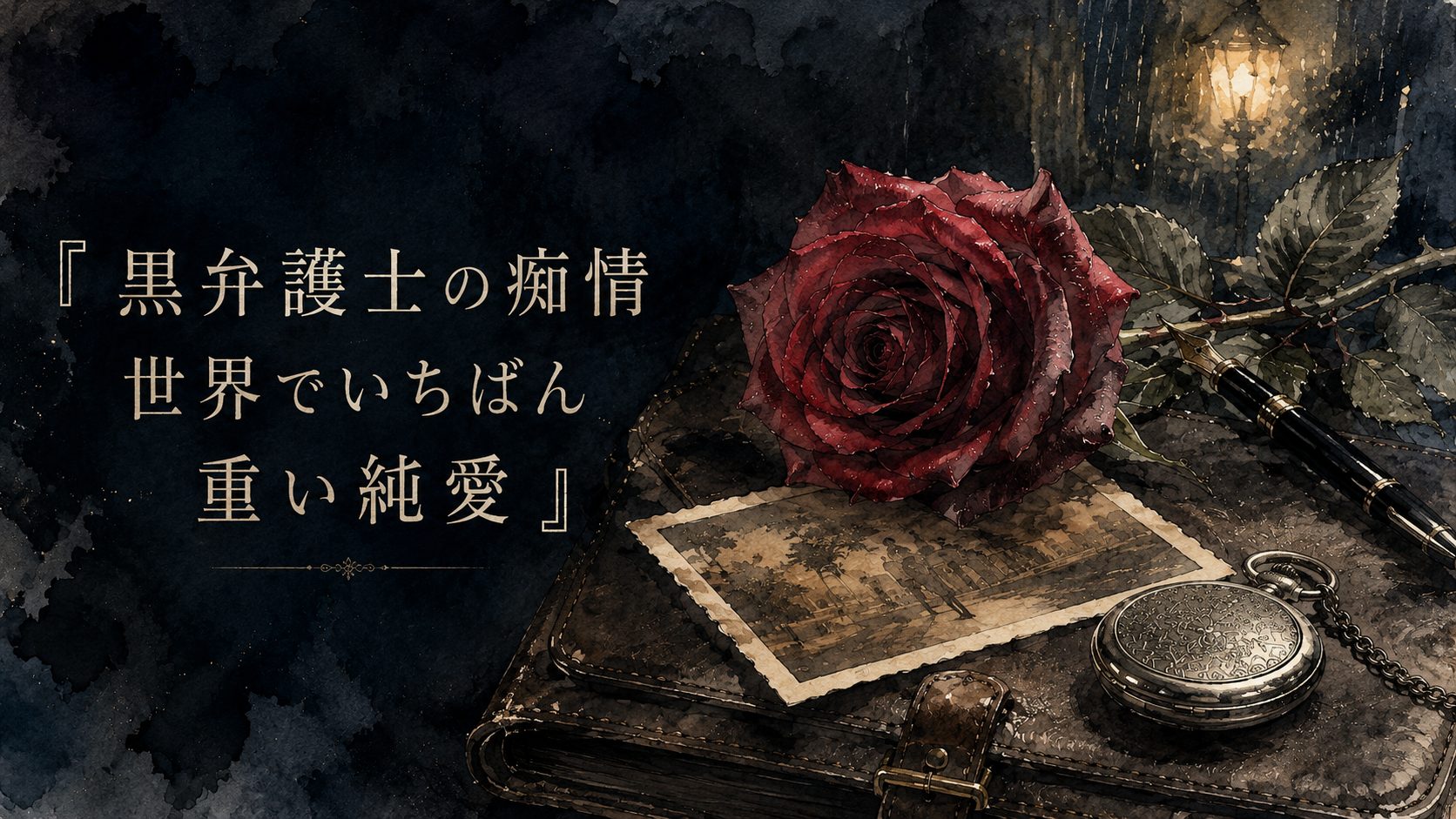 暗がりに浮かぶ一輪の深紅の薔薇と、色あせたセピアの古い写真、銀の懐中時計、革表紙の手帳。18年間ひとりを想い続けた重い純愛を象徴するダークな静物画。