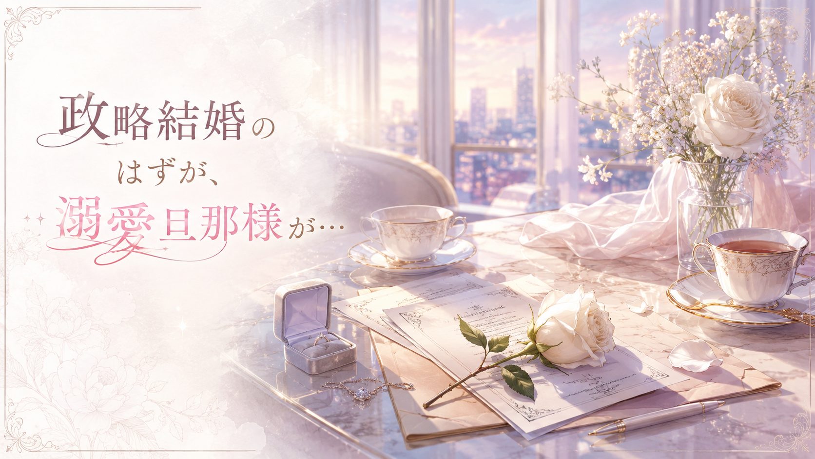 朝の高級新居のテーブルに置かれた婚姻書類と一輪の白い薔薇、ペアのティーカップと指輪ケース。事務的な契約のはずが溺愛だった政略結婚TLを象徴する静物画。