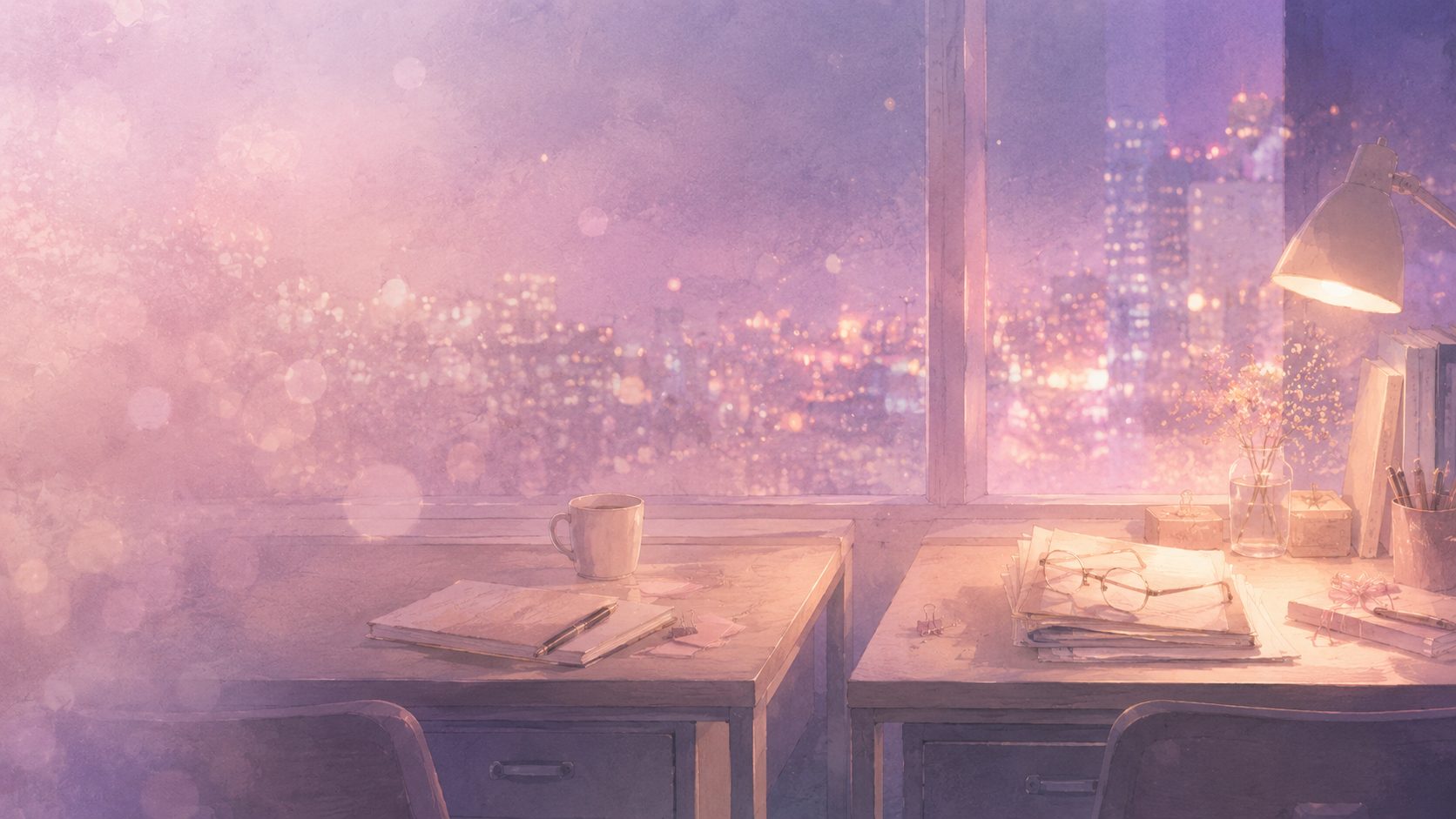 夜のオフィスで隣り合うふたつの机。片方には眼鏡と書類、もう片方にはコーヒーとノート。親友であり同僚であるふたりの、いつもの空気がほんの少し変わる夜を描いた静物画。