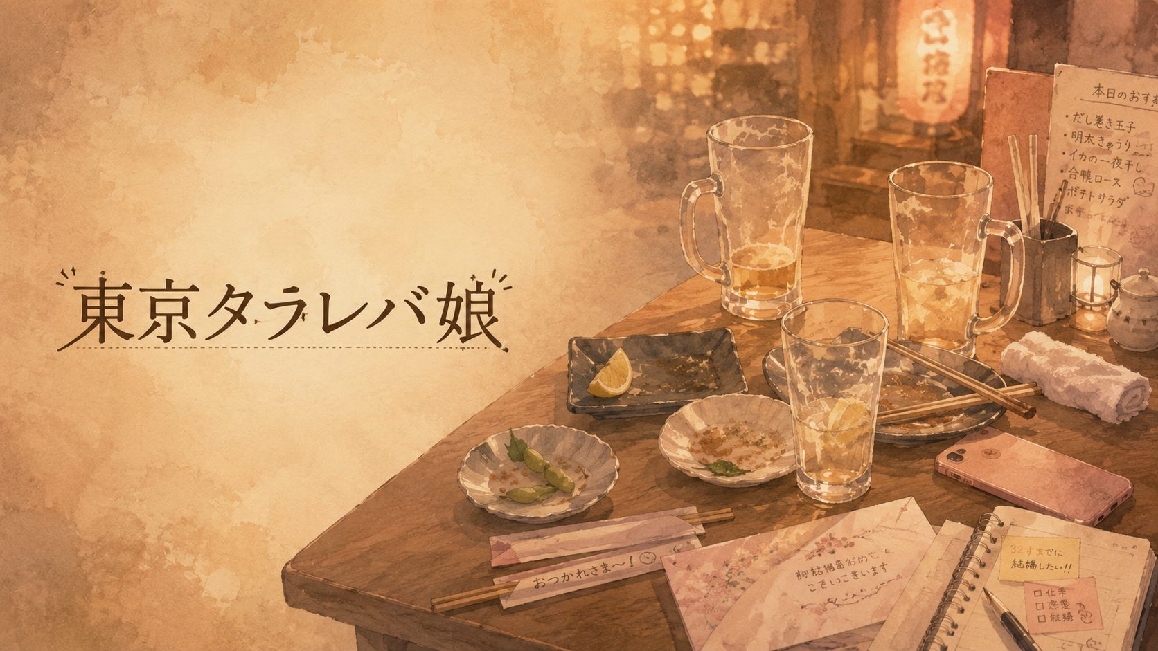 琥珀色の灯りの居酒屋テーブルに並ぶ3つのビールグラス、おつまみの小皿、伏せたスマホ、端に結婚式の招待状。女3人で語り明かしたタラレバ女子会の余韻とほろ苦さを描いた静物画。