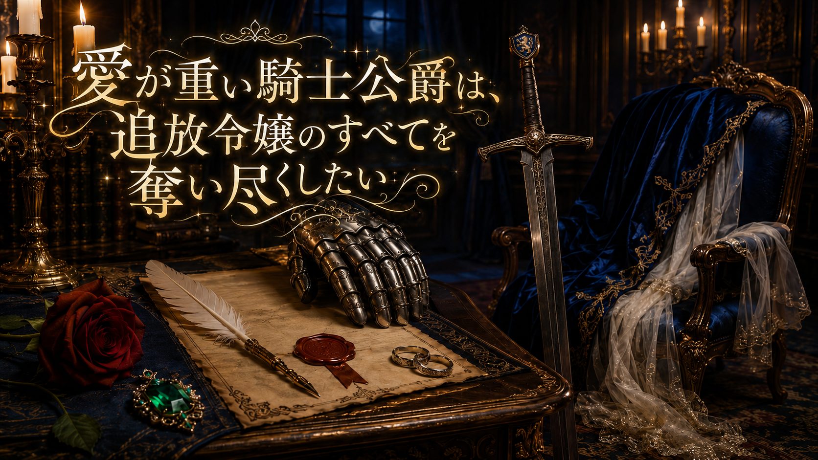 『愛が重い騎士公爵は、追放令嬢のすべてを奪い尽くしたい。』アイキャッチ。夜の公爵邸。騎士の銀の籠手と紋章付きの長剣、ミッドナイトブルーのマントと薄いヴェール、羽根ペンと婚姻契約書、赤い封蝋、対の指輪、深紅の薔薇、エメラルドの宝石。