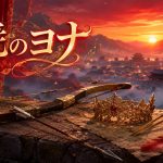 漫画『暁のヨナ』アイキャッチ｜緋色の暁に昇る朝日、弓と矢・王冠・かんざし・古地図の朝鮮王朝風ファンタジー静物
