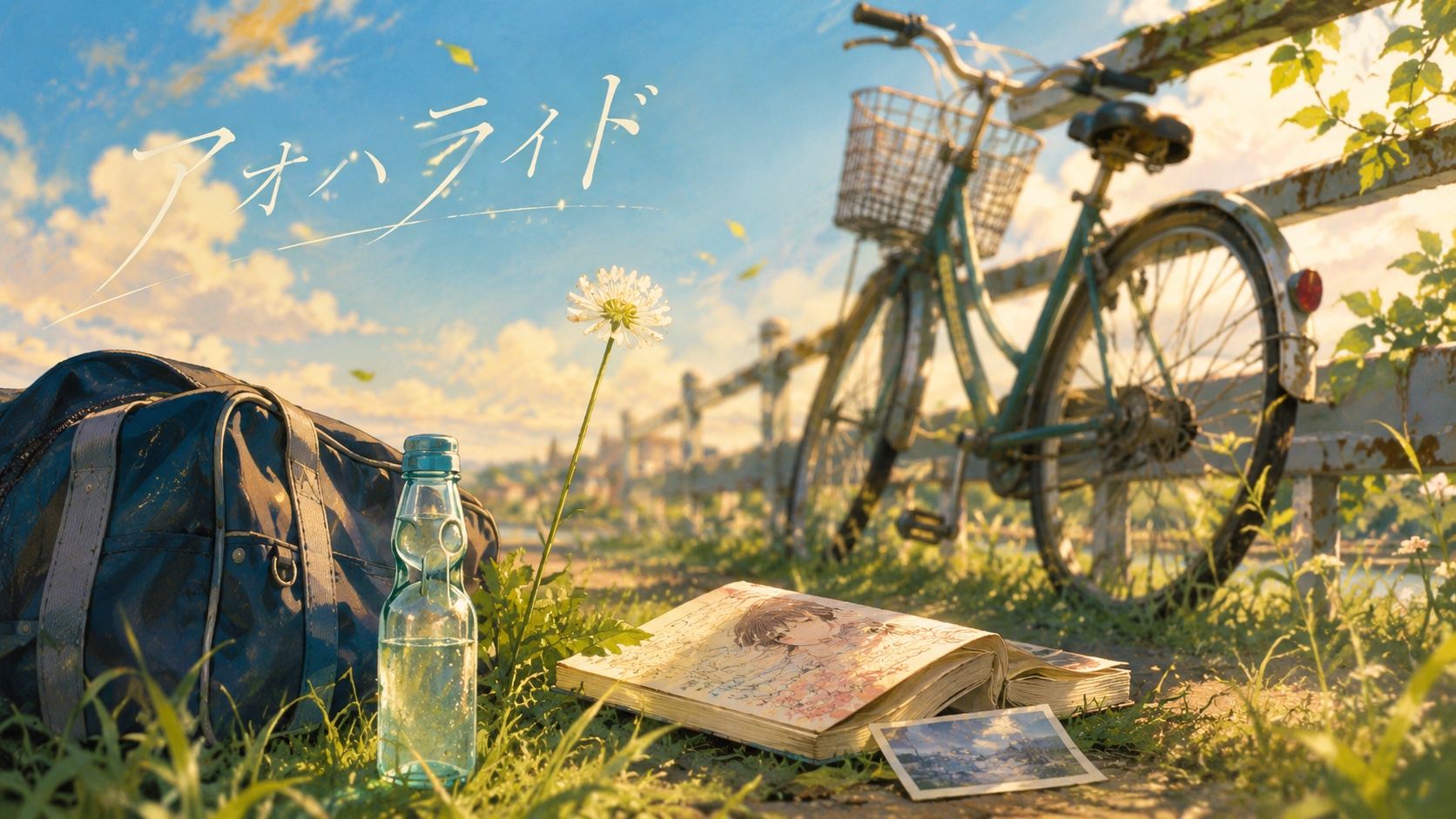 漫画『アオハライド』アイキャッチ｜青空の下、自転車・通学かばん・ラムネ・読み返す少女漫画の静物