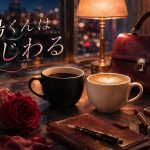 漫画『青島くんはいじわる』アイキャッチ｜夜景の窓辺、対照的な2つのコーヒーカップ・バラ・手帳・口紅の大人オフィスラブ静物