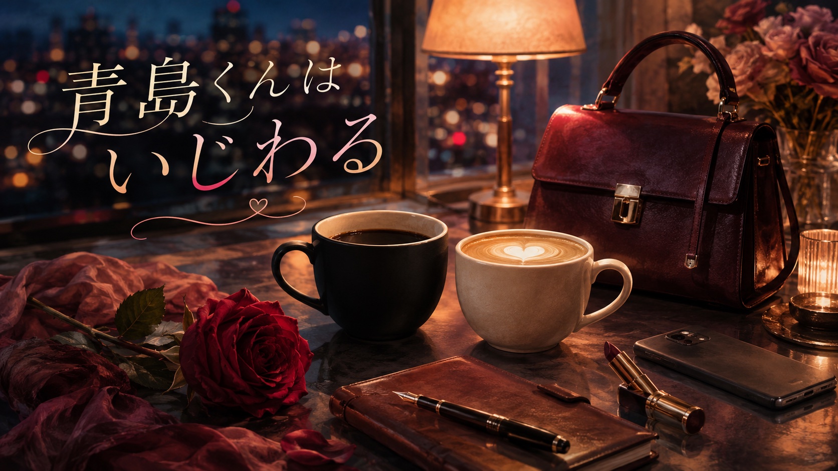 漫画『青島くんはいじわる』アイキャッチ｜夜景の窓辺、対照的な2つのコーヒーカップ・バラ・手帳・口紅の大人オフィスラブ静物