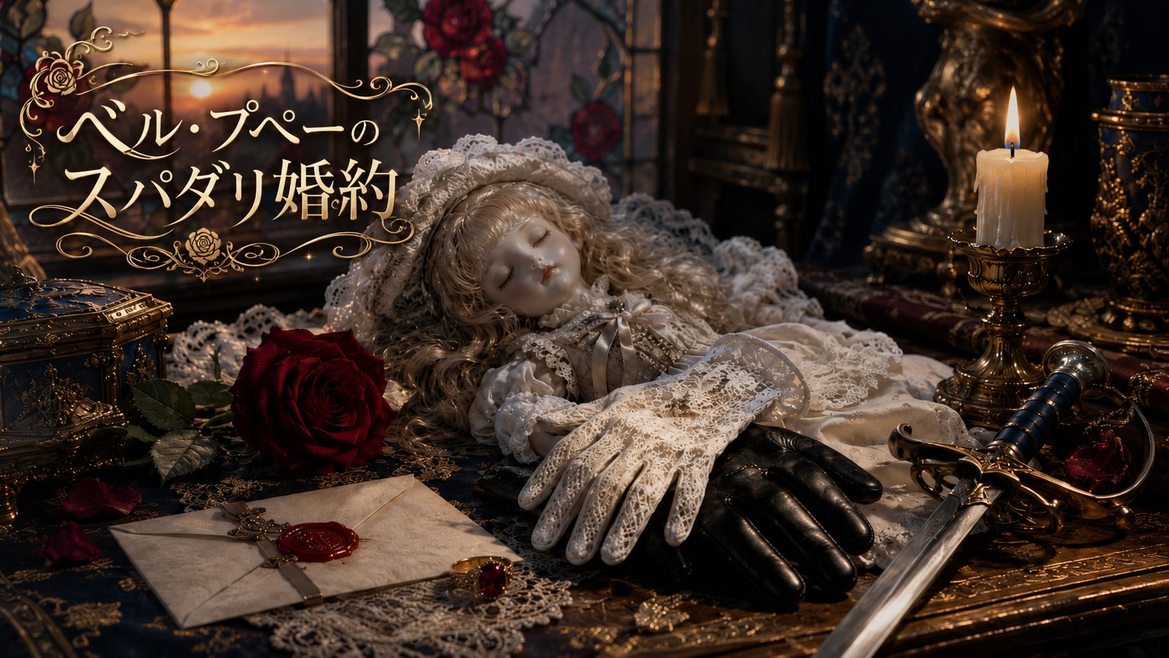 『ベル・プペーのスパダリ婚約』アイキャッチ。西洋宮廷の机に横たわる磁器の人形姫、白いレースの手袋が黒革の手袋に重なり、深紅の薔薇・封蝋の手紙・燭台・細身の剣が並ぶ静物。