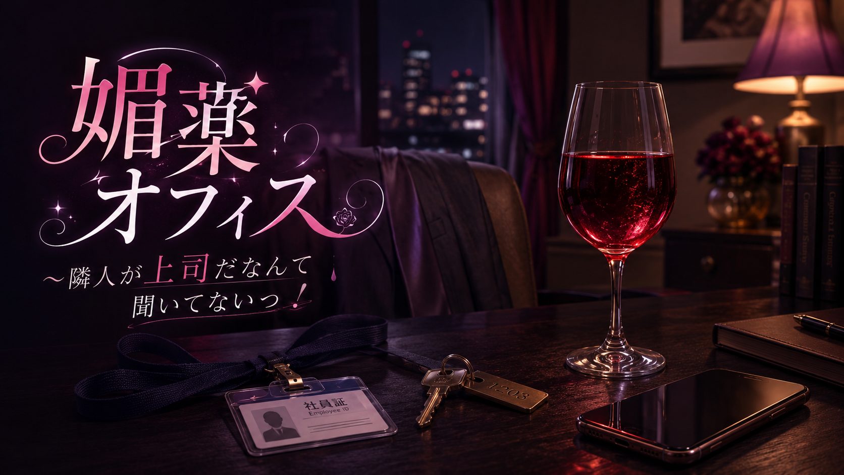 『媚薬オフィス〜隣人が上司だなんて聞いてないっ！〜』アイキャッチ。夜のマンションの一室、赤い液体のワイングラス、会社の社員証、部屋の鍵、スマホ、間接照明の妖しい光。