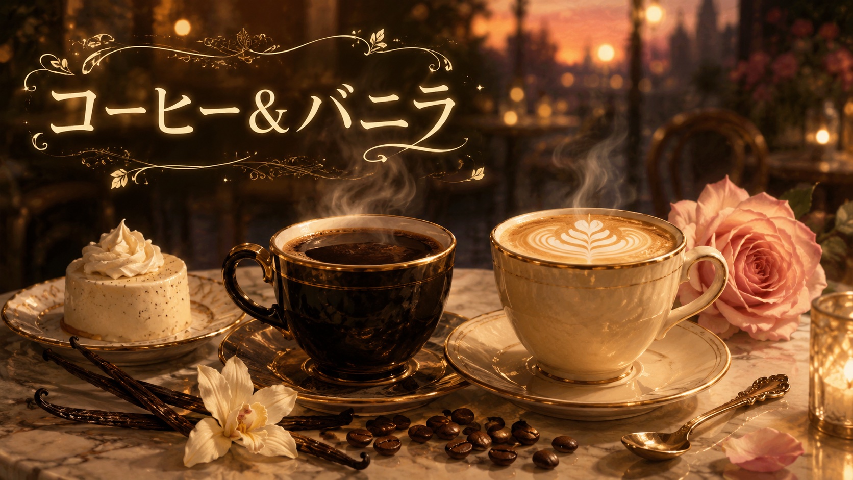 漫画『コーヒー＆バニラ』アイキャッチ｜濃いコーヒーと甘いバニララテ・バニラビーンズ・バラのカフェ静物
