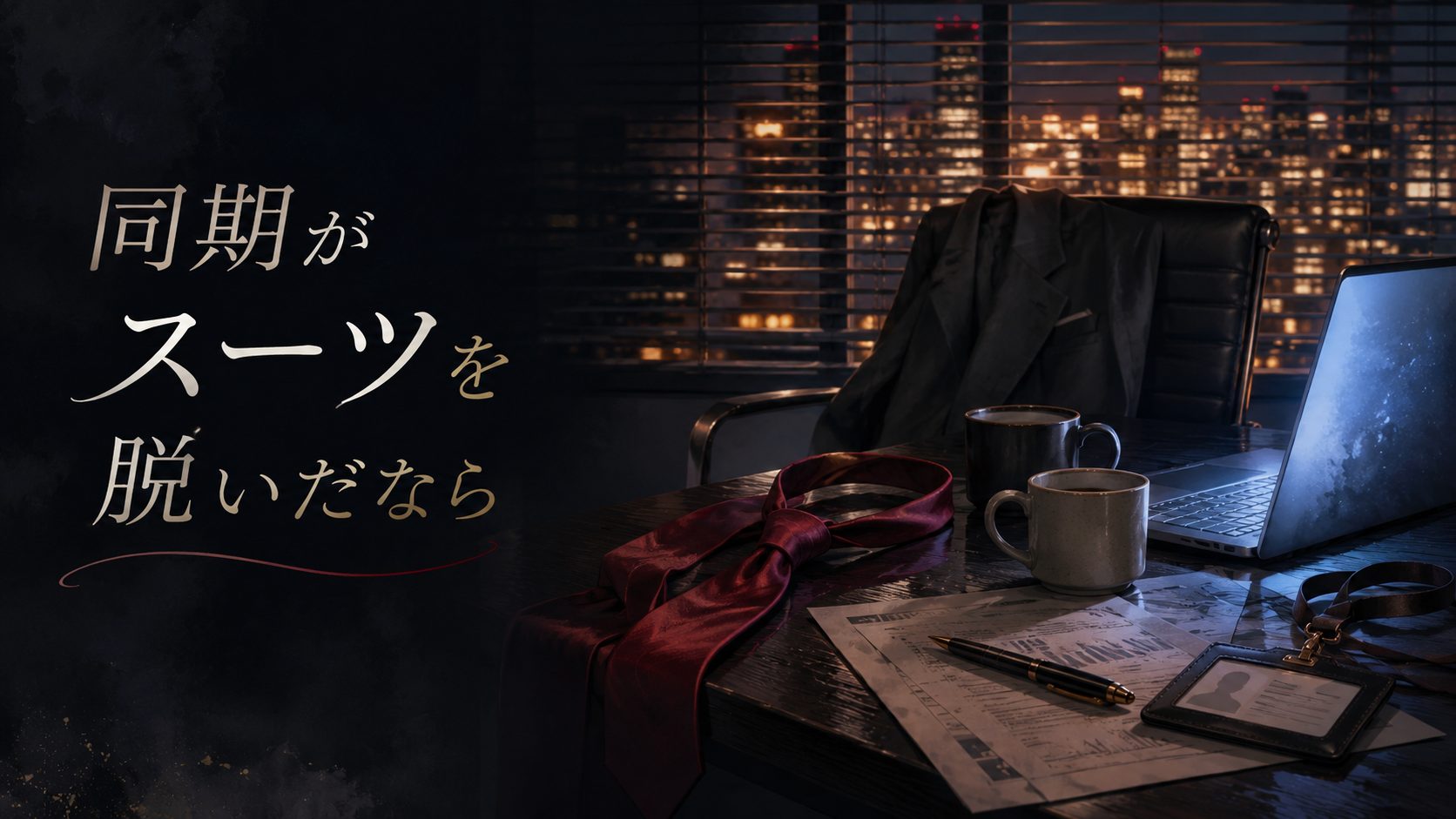 『同期がスーツを脱いだなら』アイキャッチ。深夜のオフィスの机に、ほどけたワインレッドのネクタイ、椅子にかかったスーツのジャケット、マグカップ、ノートPCの光、窓の外の夜景が広がる静物。
