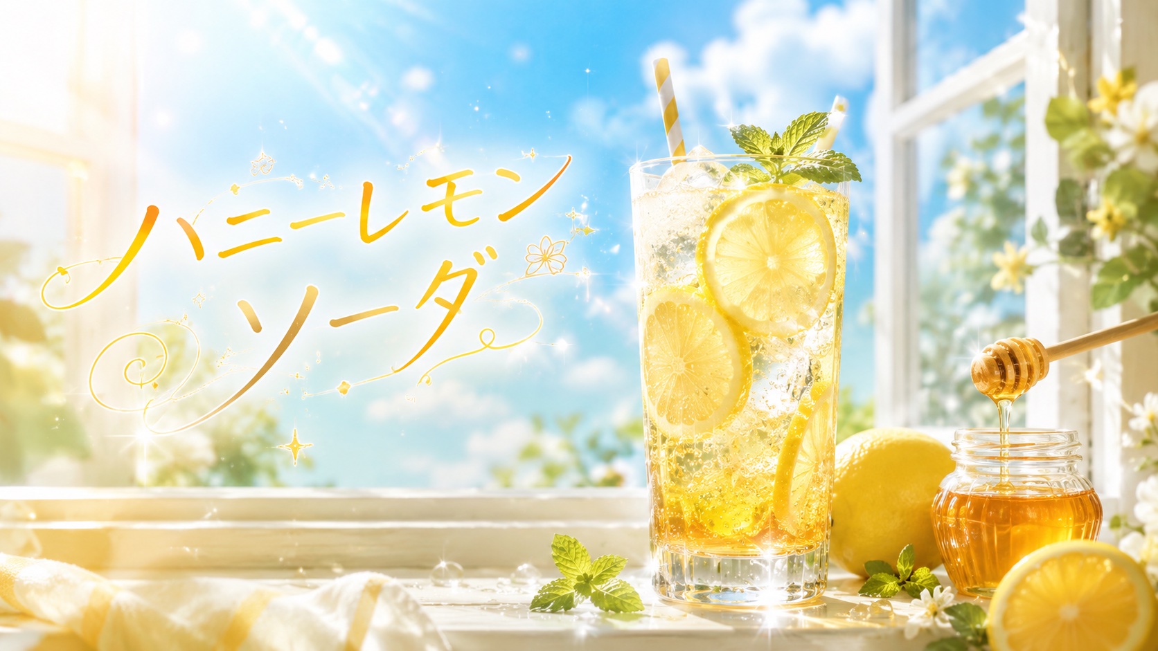 漫画『ハニーレモンソーダ』アイキャッチ｜青空の窓辺、レモンとハチミツの炭酸ドリンクのグラス