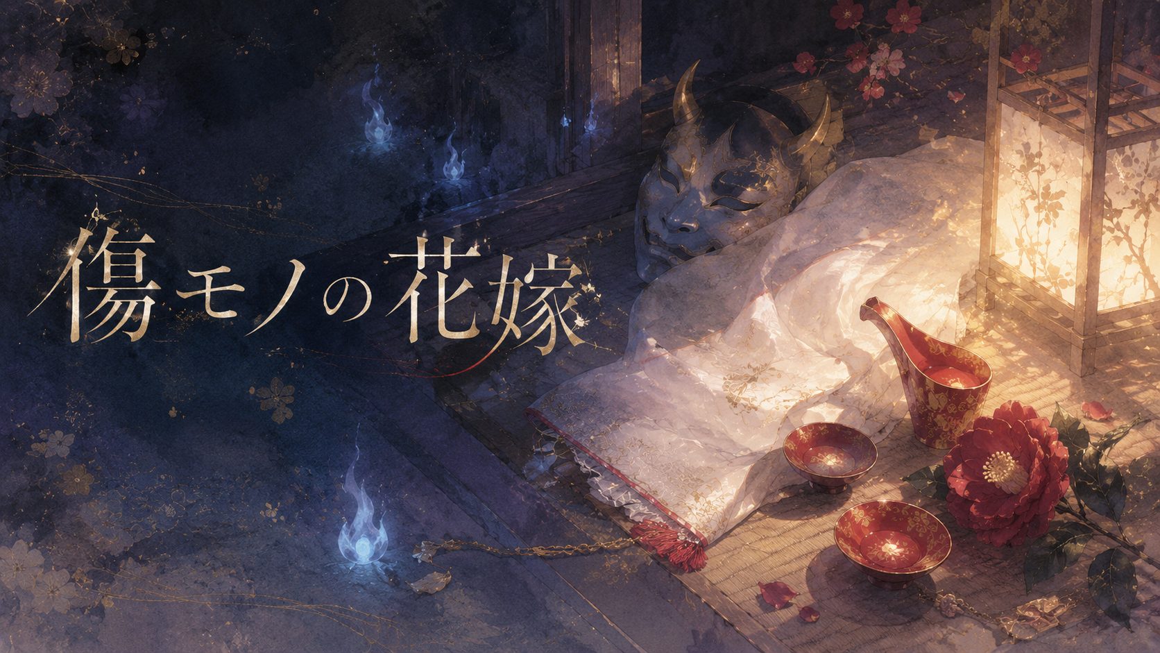 藍と墨の夜に浮かぶ鬼神の面、白無垢の袖、朱塗りの盃、紅い椿、行灯の灯りと青白い鬼火。傷を持つ花嫁が鬼神に見初められる和風あやかし溺愛ロマンスを象徴する幽玄な静物画。