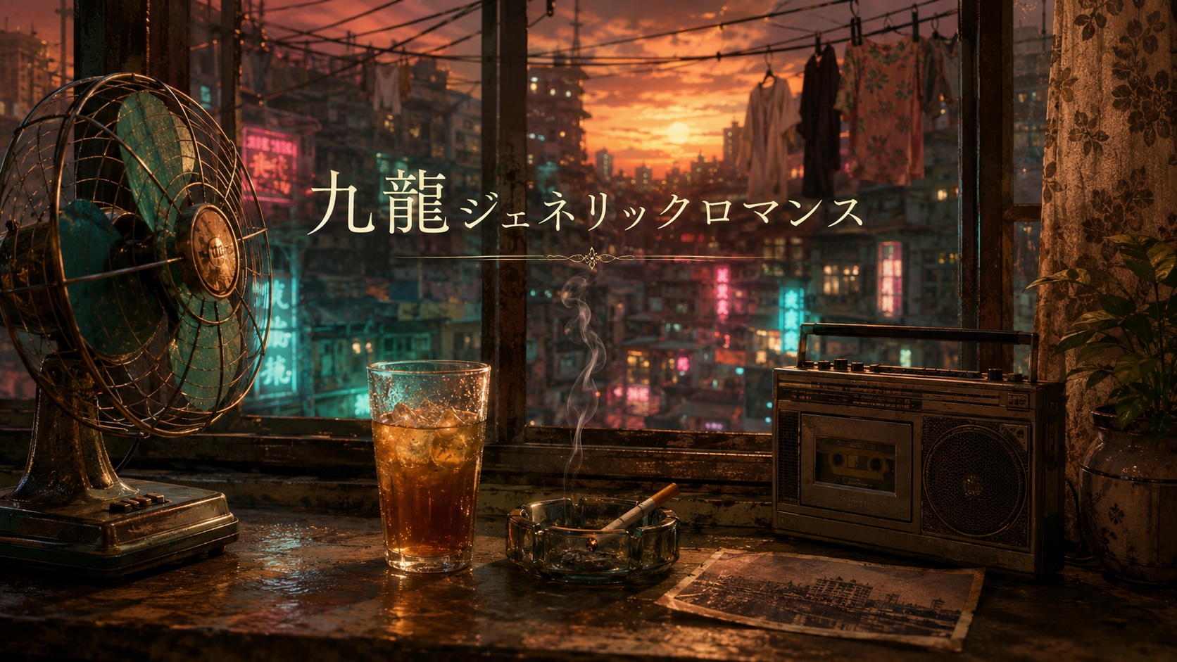 漫画『九龍ジェネリックロマンス』アイキャッチ｜夕暮れのレトロ香港の窓辺、扇風機・アイスティー・ネオンの街の静物
