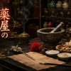 漫画『薬屋のひとりごと』アイキャッチ｜中華風後宮の薬棚、薬研・薬草・処方箋と筆の静物