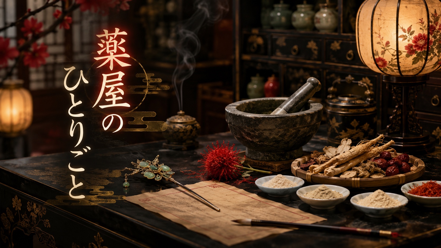 漫画『薬屋のひとりごと』アイキャッチ｜中華風後宮の薬棚、薬研・薬草・処方箋と筆の静物
