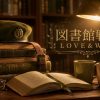 漫画『図書館戦争 LOVE＆WAR』アイキャッチ｜図書館のデスクに本の山・図書隊のベレー帽・開いた本・並んだ2つのマグ