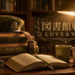 漫画『図書館戦争 LOVE＆WAR』アイキャッチ｜図書館のデスクに本の山・図書隊のベレー帽・開いた本・並んだ2つのマグ