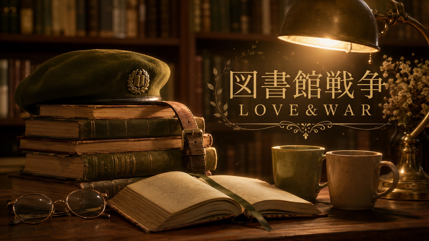 漫画『図書館戦争 LOVE＆WAR』アイキャッチ｜図書館のデスクに本の山・図書隊のベレー帽・開いた本・並んだ2つのマグ