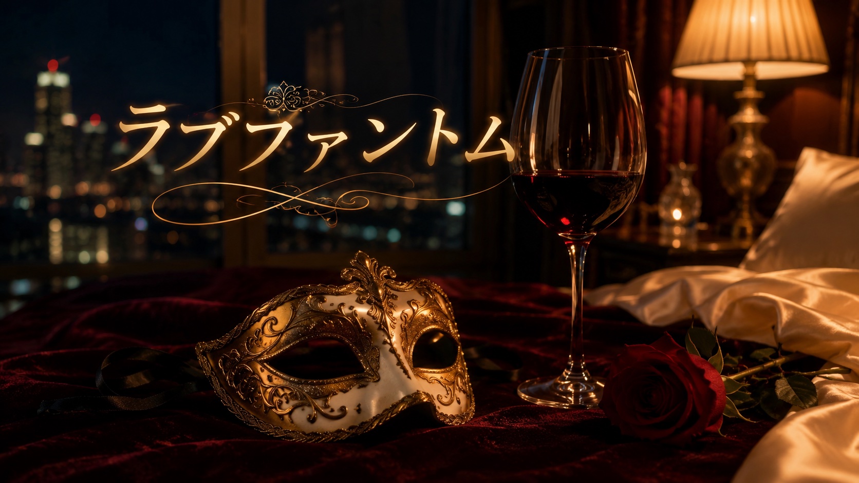 漫画『ラブファントム』アイキャッチ｜夜のホテルスイート、外した白金の仮面・赤ワイン・薔薇の大人な静物