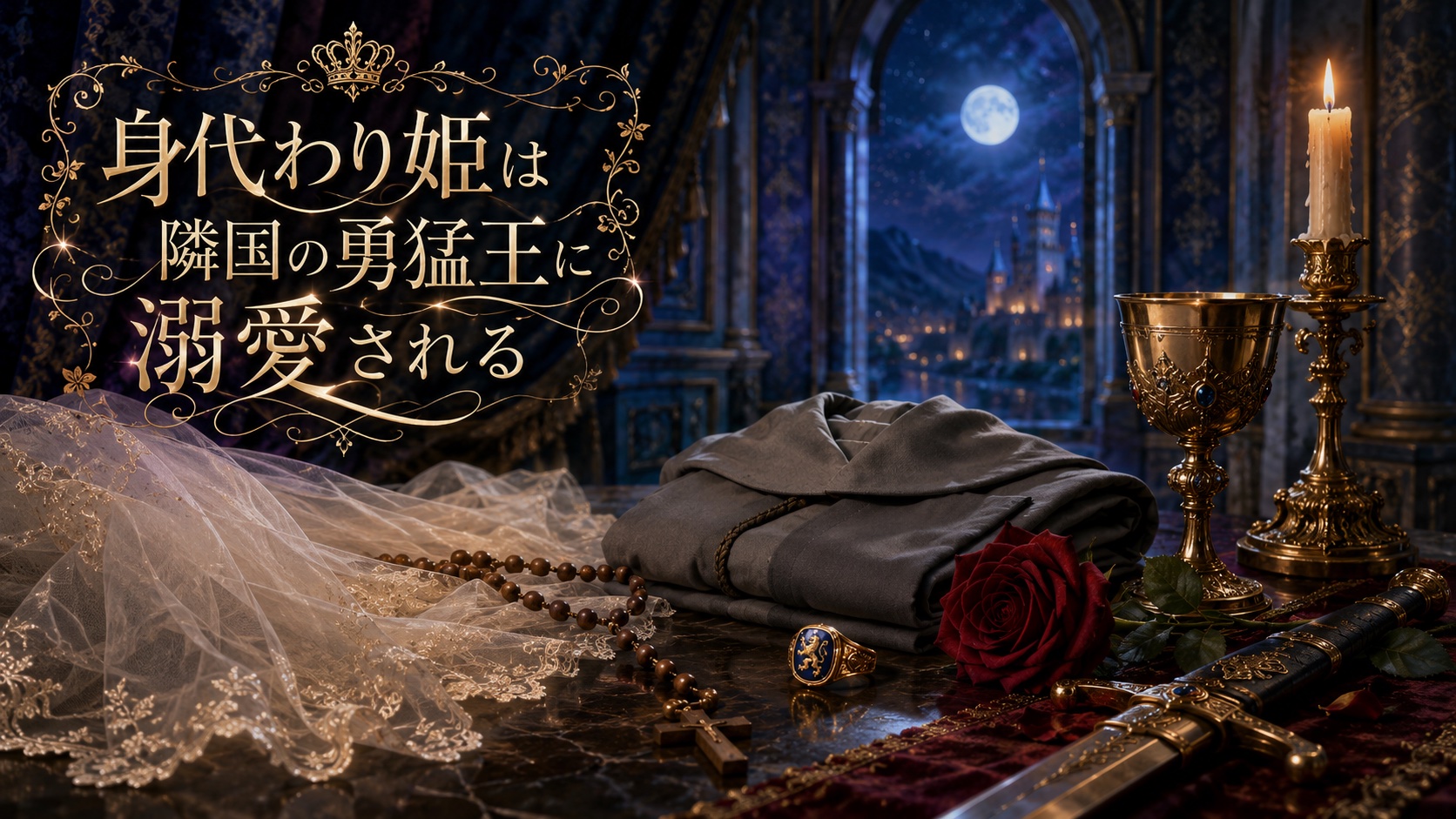 漫画『身代わり姫は隣国の勇猛王に溺愛される』アイキャッチ｜夜の王宮、ヴェール・ロザリオ・修道服・王の剣の静物