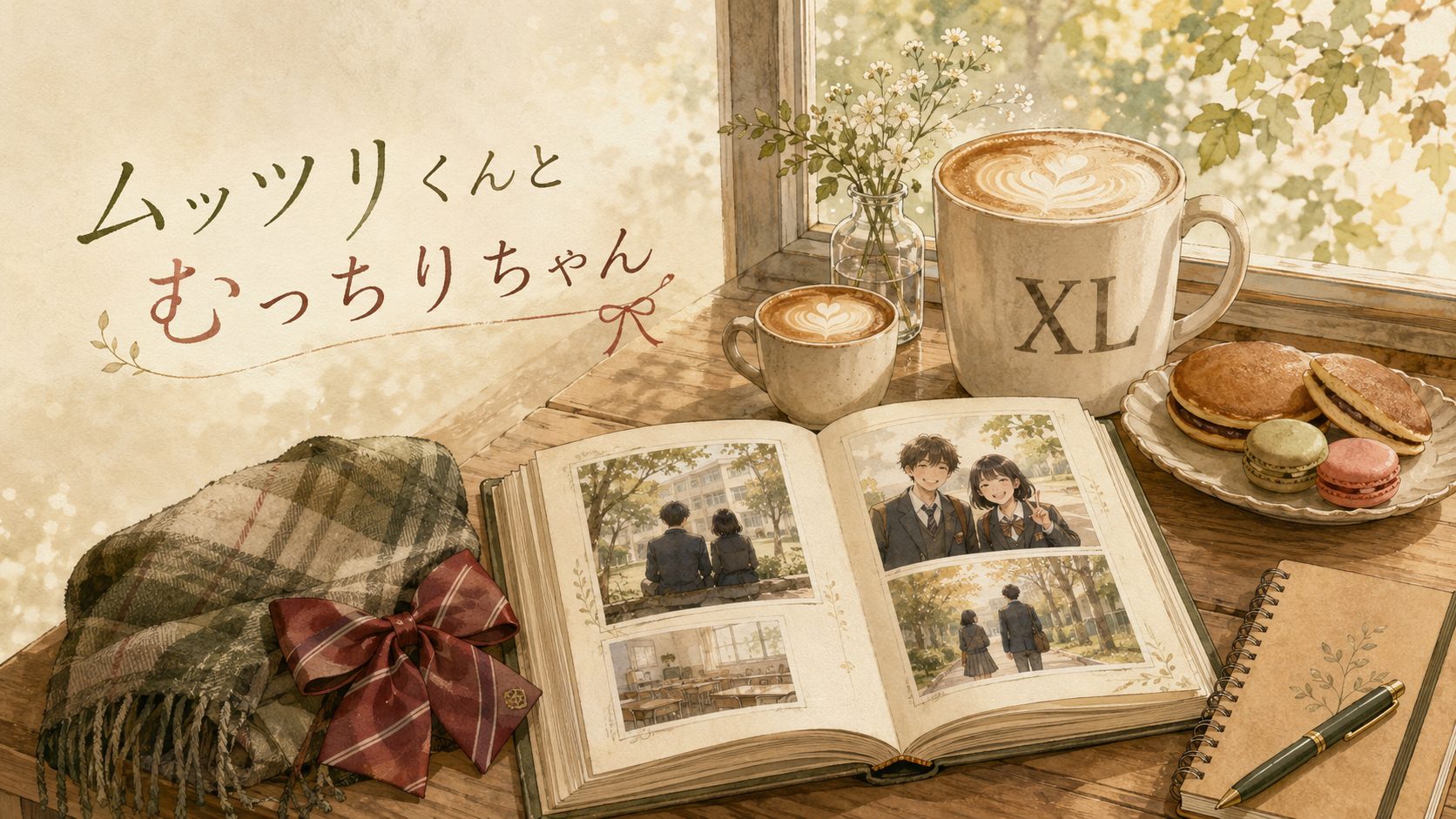 『ムッツリくんとむっちりちゃん』アイキャッチ。午後のカフェの机に開いた卒業アルバム、XLマグのラテ、どら焼きとマカロン、チェックのマフラーと赤いリボン。