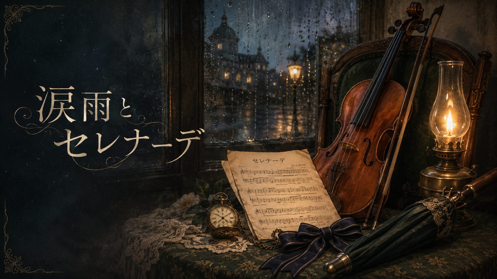 『涙雨とセレナーデ』アイキャッチ。明治の西洋館の雨の窓辺、ヴァイオリンと弓、『セレナーデ』と記された古い楽譜、アンティークの懐中時計、ガス灯、洋傘。