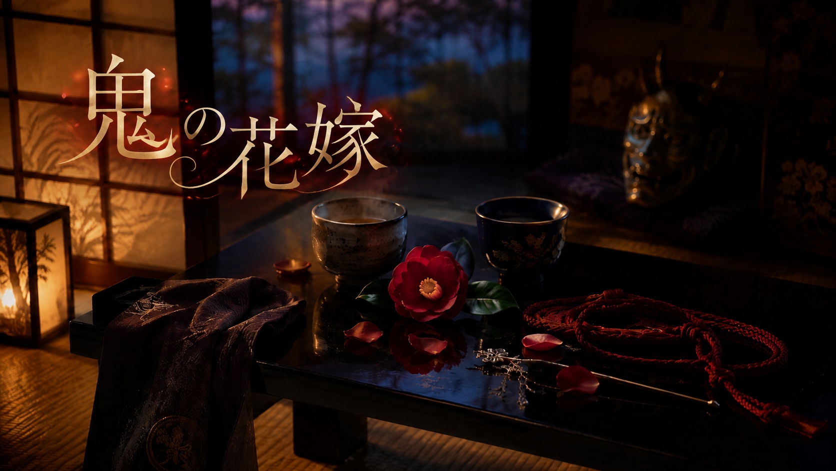漫画『鬼の花嫁』アイキャッチ｜夕暮れの和室に置かれた対の茶器、紅い椿、組紐、鬼の面の静物