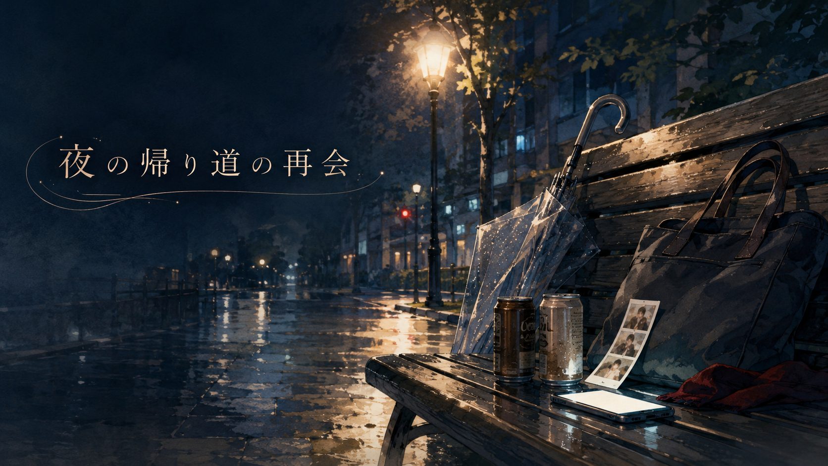 『俺たちずっと両想いだもんね？』アイキャッチ。雨上がりの夜の帰り道のベンチ、にじむ街灯、透明のビニール傘、缶コーヒー2本、色あせたプリクラ、仕事帰りのトートバッグ。