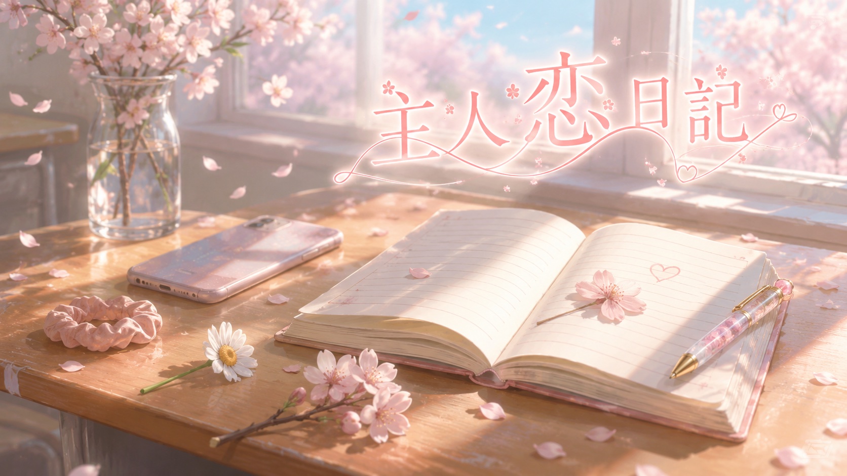 漫画『主人恋日記』アイキャッチ｜春の教室の窓辺、開いた恋日記のノートと桜・デイジーの静物