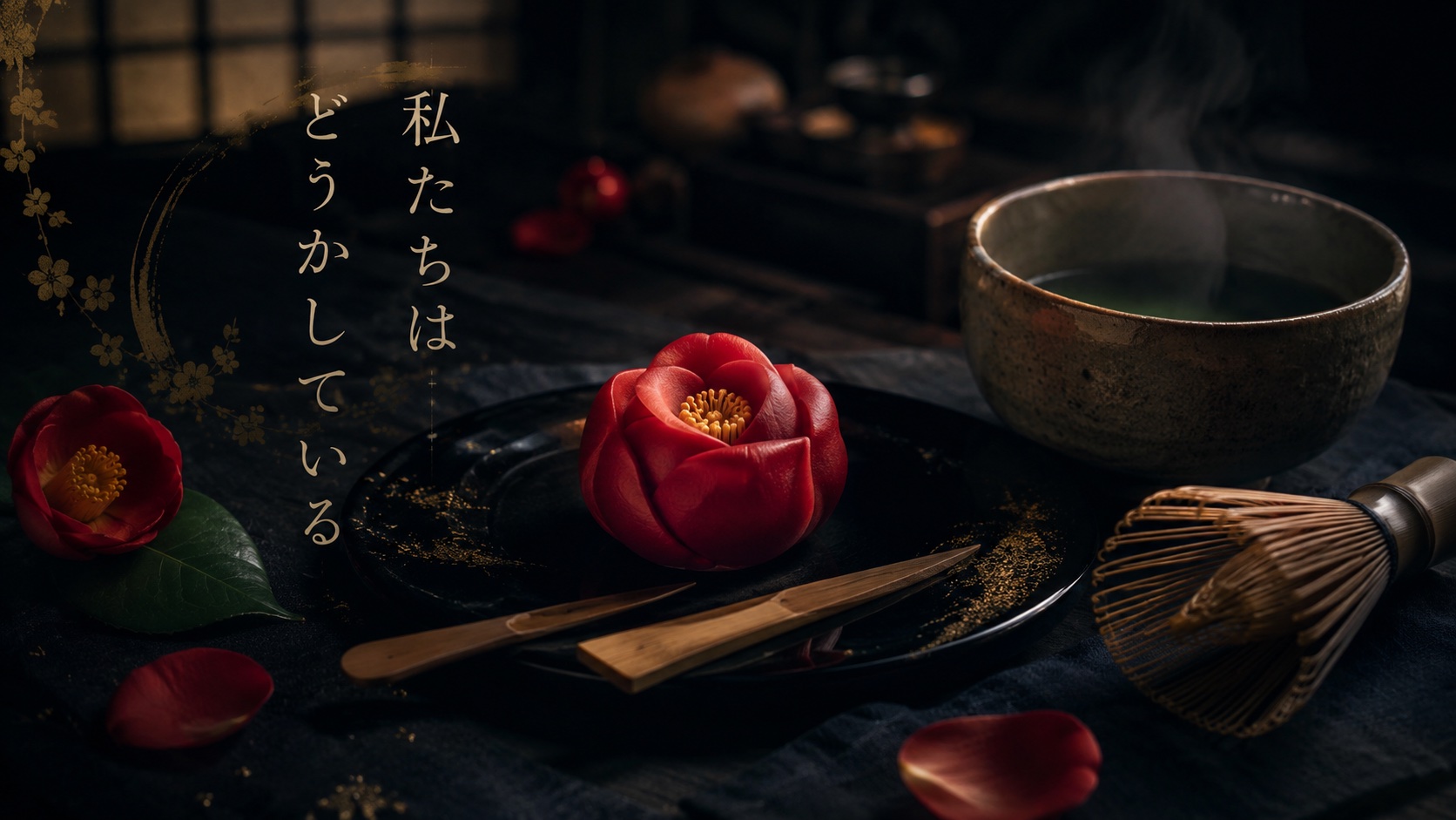 漫画『私たちはどうかしている』アイキャッチ｜黒漆に紅い椿の練り切り和菓子・抹茶・茶筅・職人の道具、秘密めいた和の静物