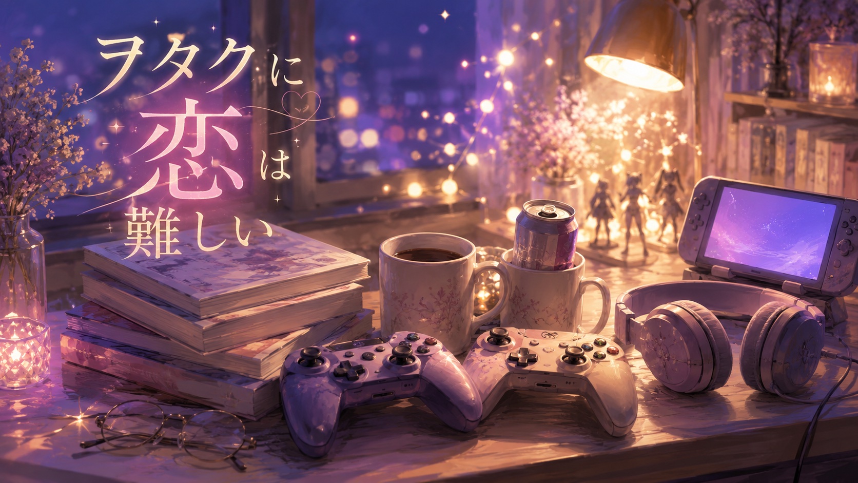 漫画『ヲタクに恋は難しい』アイキャッチ｜二人で使うヲタクのデスク、並んだゲームコントローラー・マグ・ヘッドホン・フィギュア