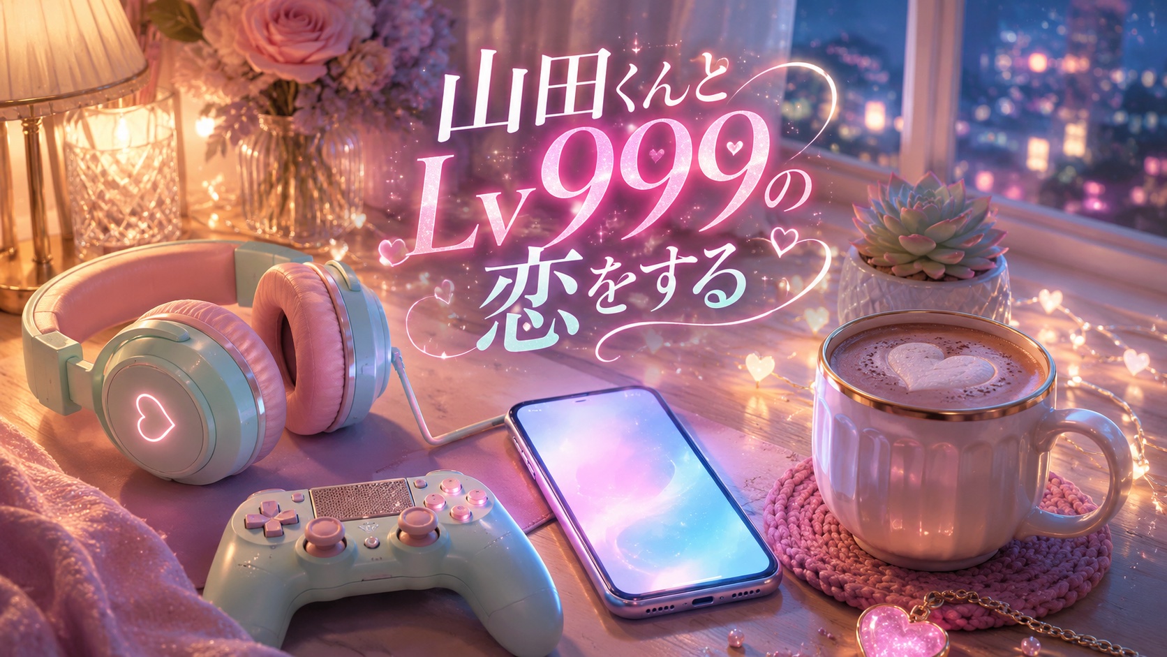 漫画『山田くんとLv999の恋をする』アイキャッチ｜夕暮れの窓辺、パステルのゲーミングヘッドセット・コントローラー・スマホ・ハートのココア