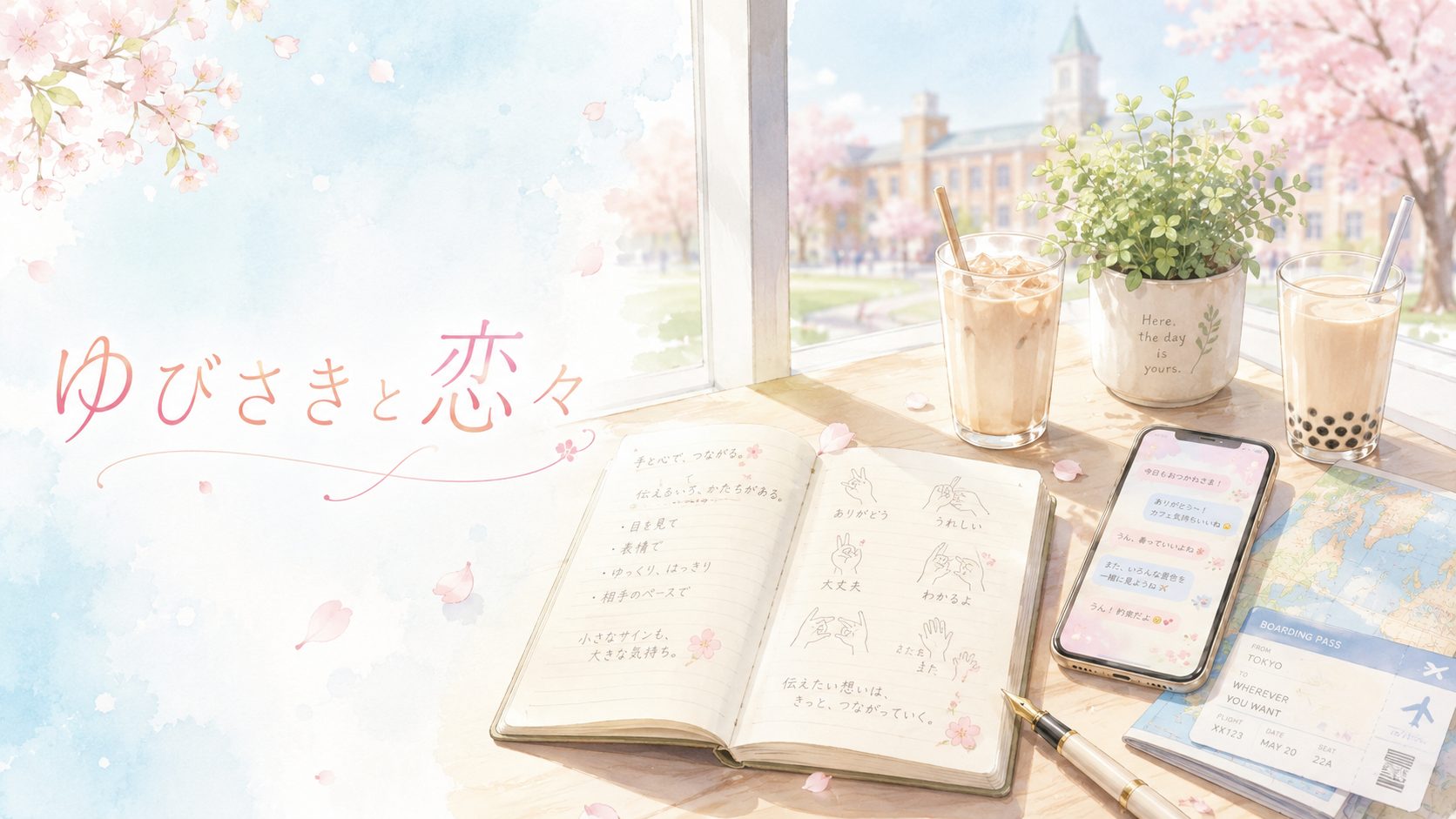 『ゆびさきと恋々』アイキャッチ。春の大学カフェの窓辺の机に、手書きメッセージと手話のさし絵のノート、メッセージ画面のスマホ、世界地図と搭乗券、桜の花びら、ミルクティー。